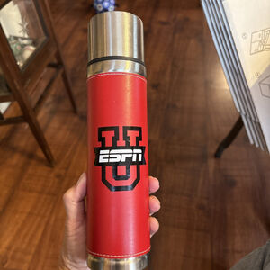ESPN U unique thermos hot/cold beverage with red leather accents 16 oz